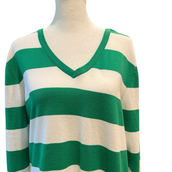 TOMMY HILFIGER V-neck Sweater Green White Striped Women's Large Academia Preppy - Picture 5 of 12
